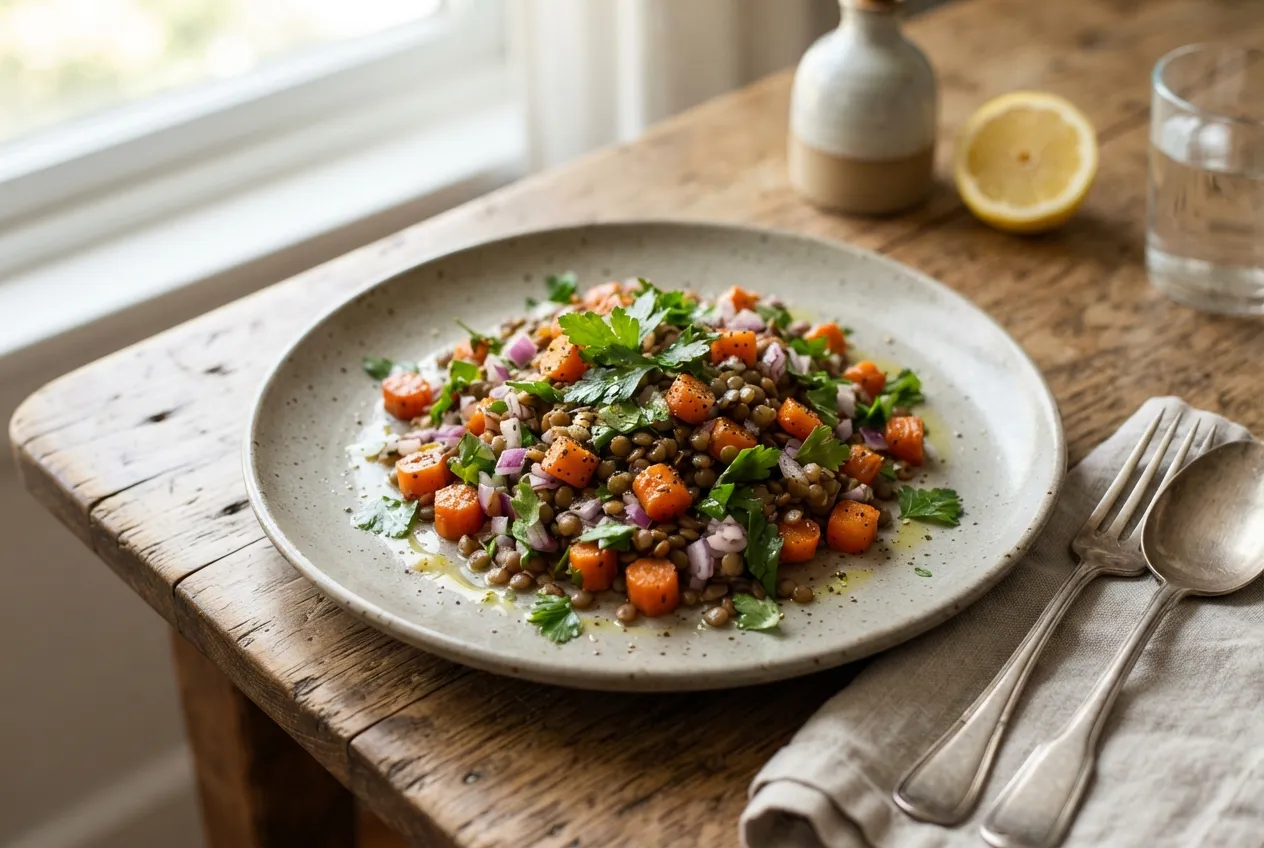 Ensalada de lentejas, zanahoria y cebolla morada para almuerzo