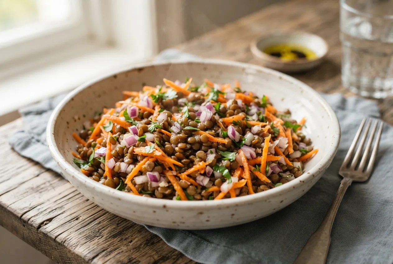 Ensalada de lentejas con zanahoria rallada y vinagreta
