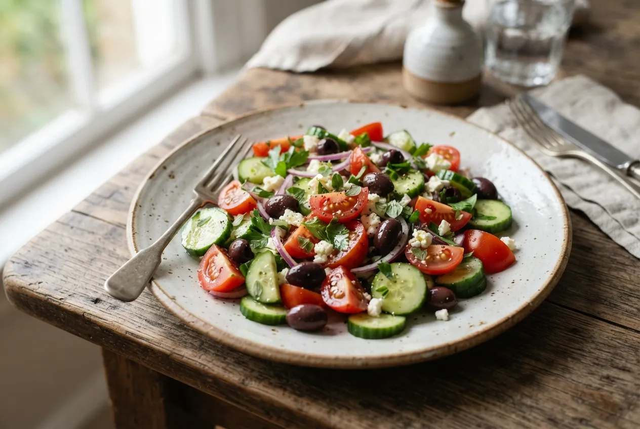 Ensalada mediterránea con pepino, tomate y aceitunas negras