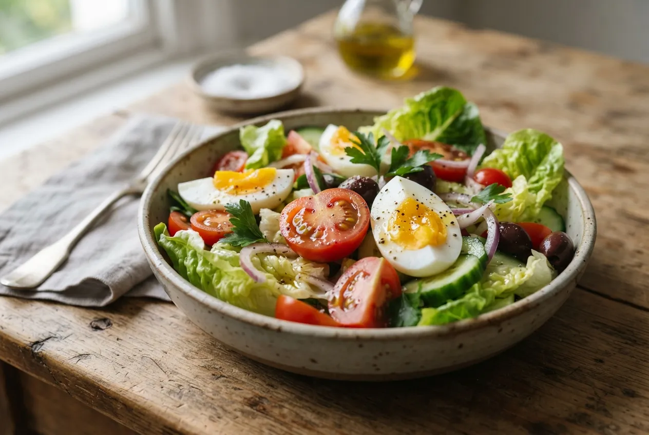 Ensalada mixta con lechuga, tomate y huevo duro
