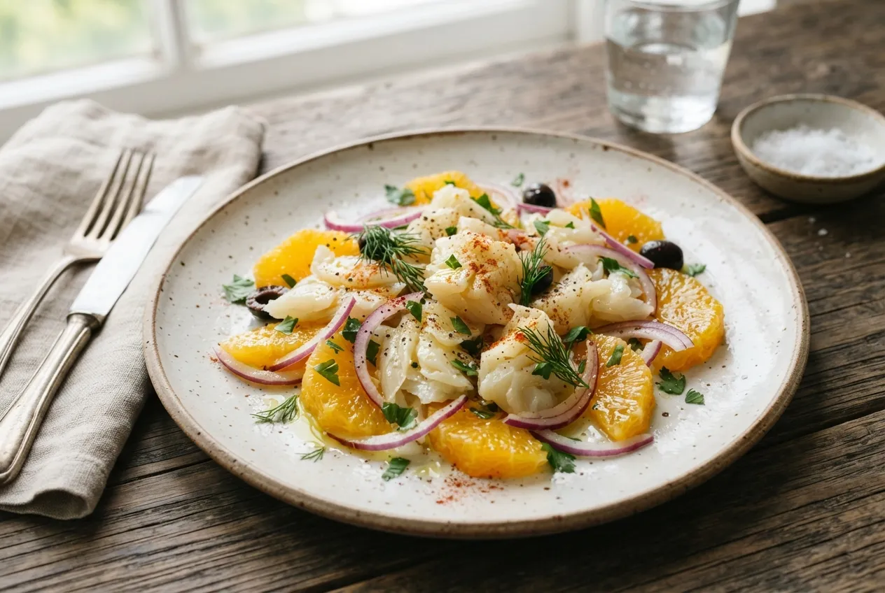 Ensalada de naranja y bacalao desalado con cebolla