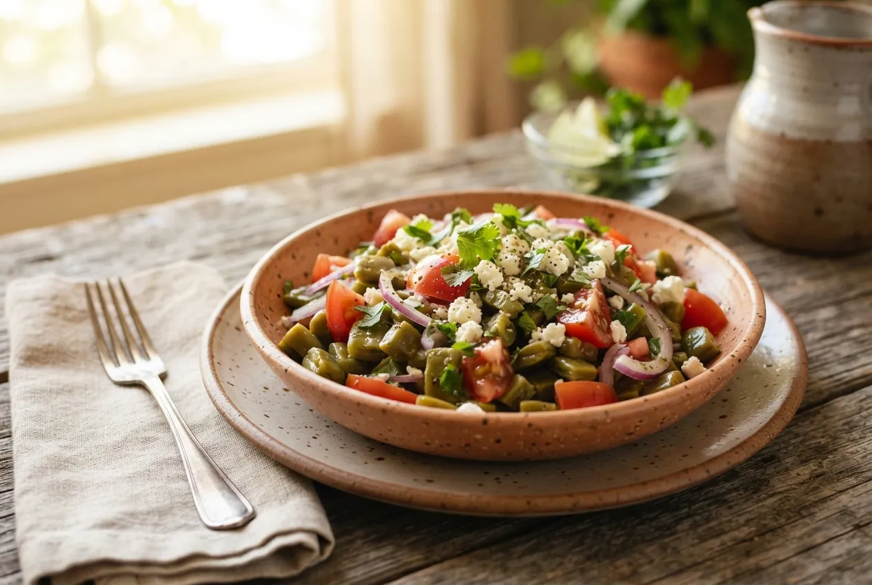 Ensalada de nopal con tomate, cebolla y queso panela