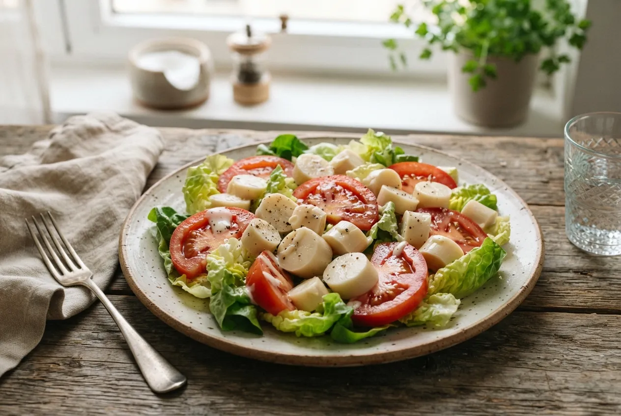 Ensalada de palmitos con lechuga, tomate y mayonesa
