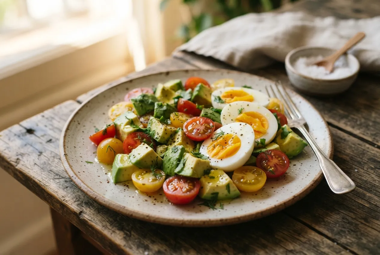 Ensalada de palta, tomate y huevo duro para el desayuno