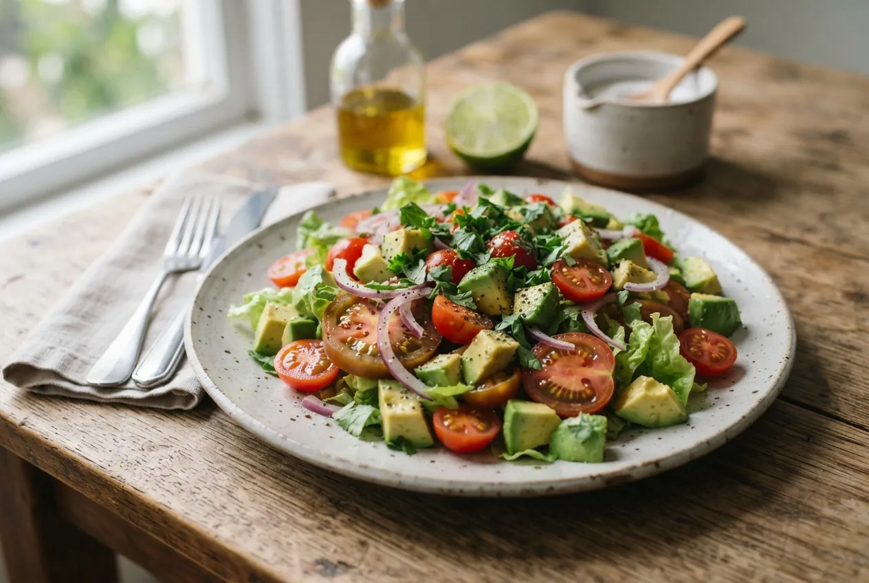 Ensalada de palta con tomate, lechuga y limón exprimido