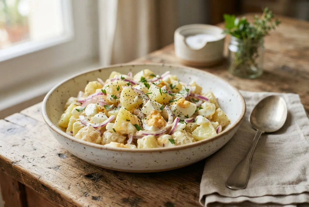 Ensalada de papa, huevo y cebolla con mayonesa casera