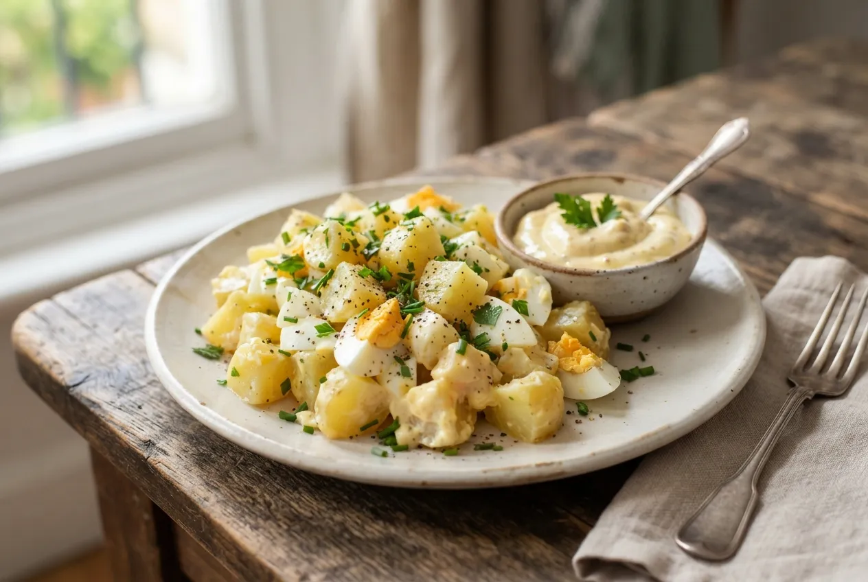 Ensalada de papa y huevo con mayonesa casera para acompañar