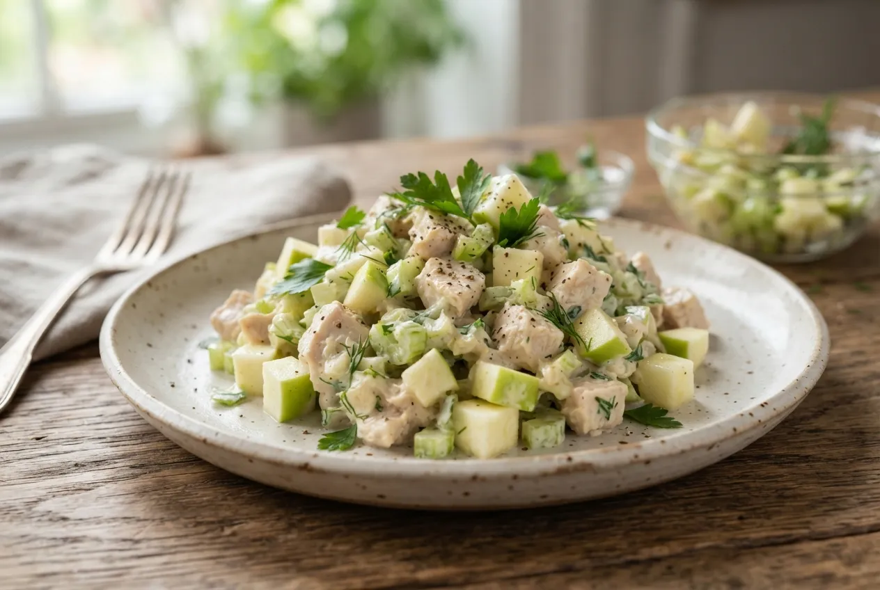 Ensalada de pollo con mostaza, apio y manzana fresca