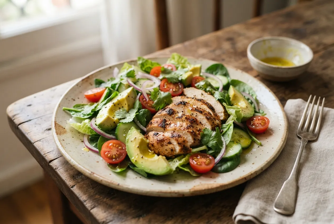 Ensalada de pollo y palta con aderezo de limón para el mediodía
