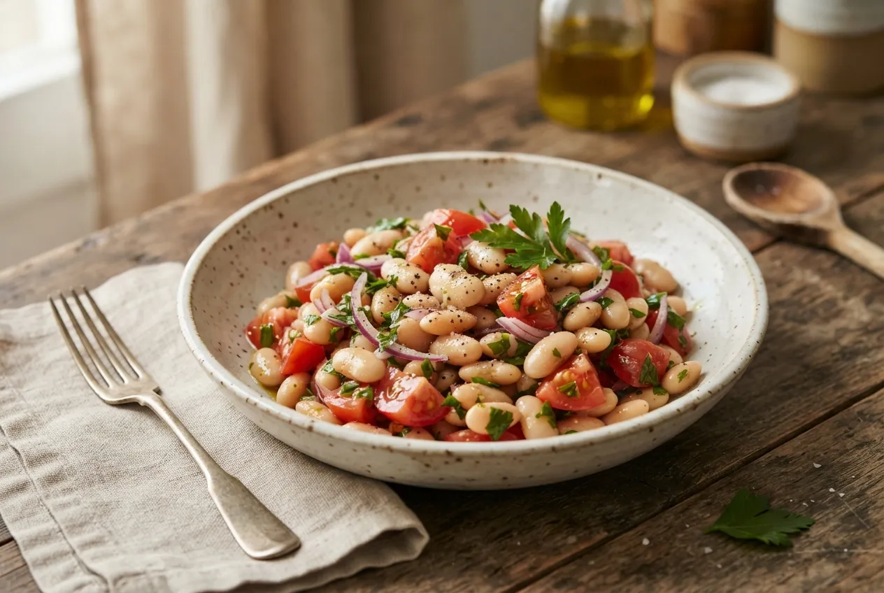 Ensalada de porotos blancos con tomate, cebolla y perejil