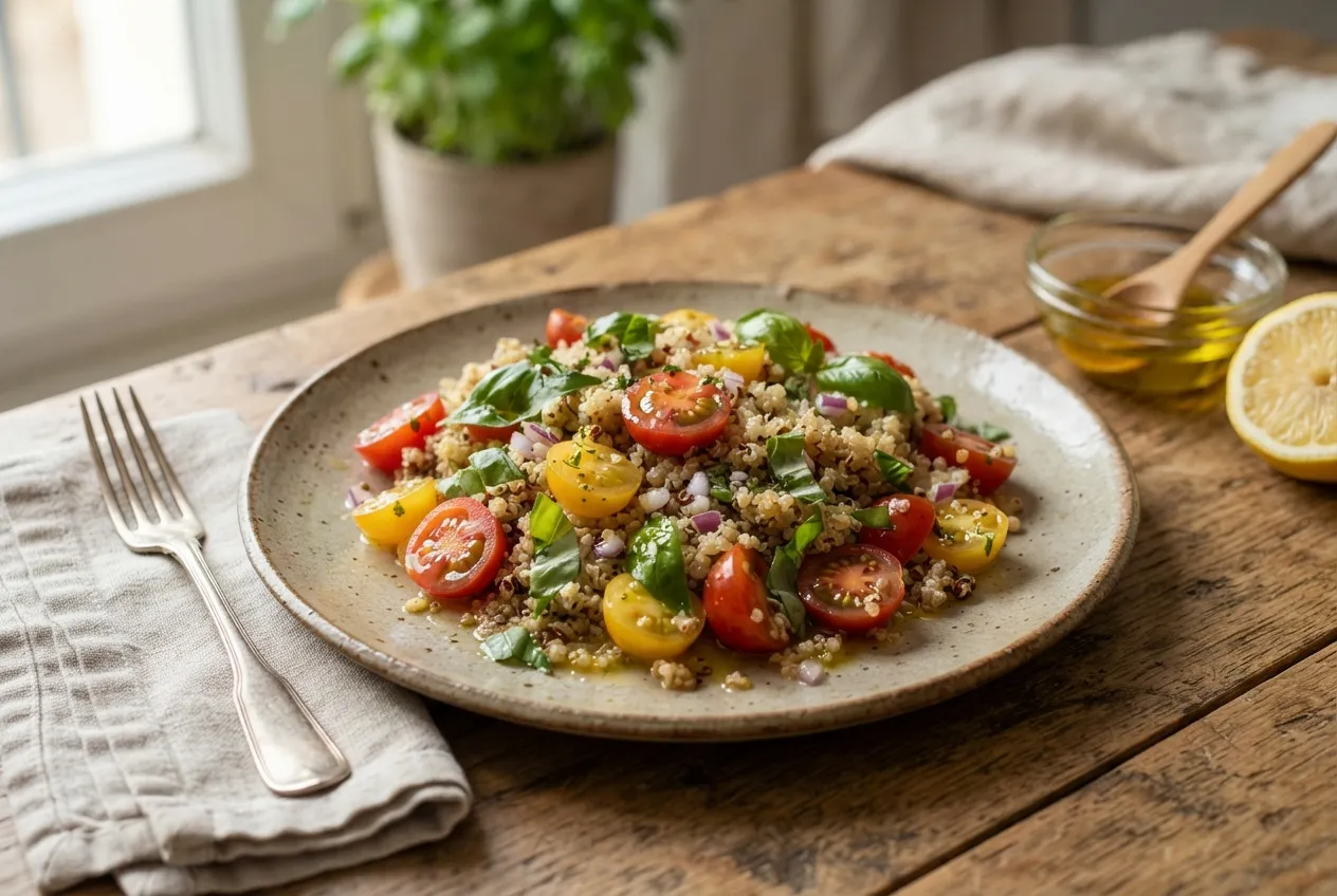 Ensalada de quinoa, tomate y albahaca fresca