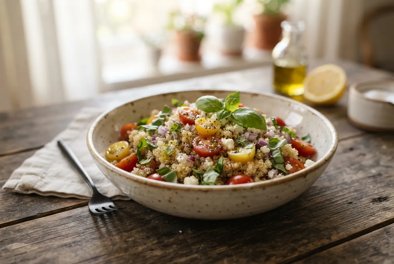 Ensalada de quinoa con tomate cherry y albahaca