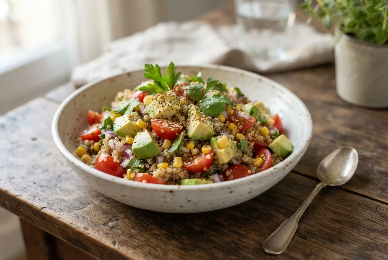 Ensalada de quinoa, tomate, maíz y palta