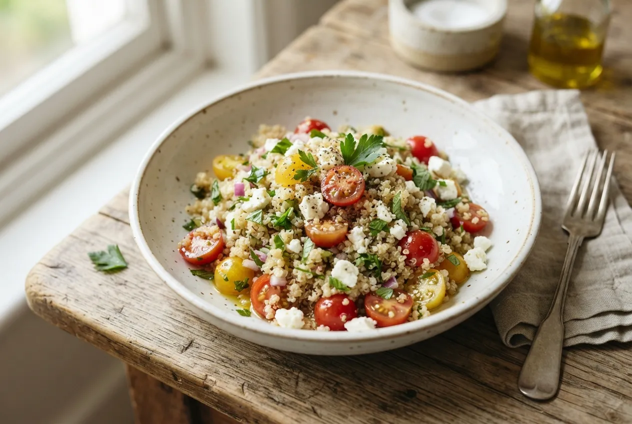 Ensalada de quinoa con tomates cherry y queso feta