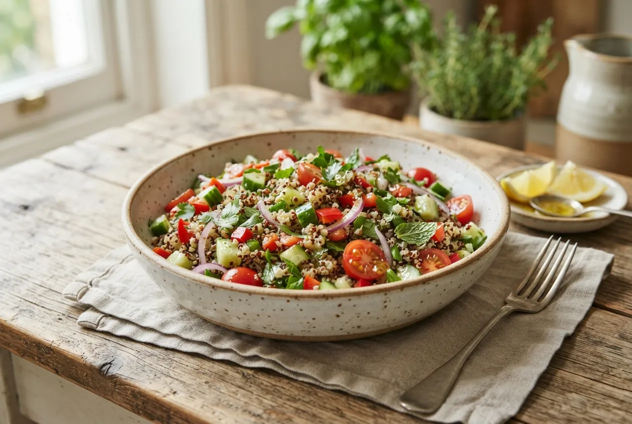 Ensalada de quinoa con verduras y aderezo de limón