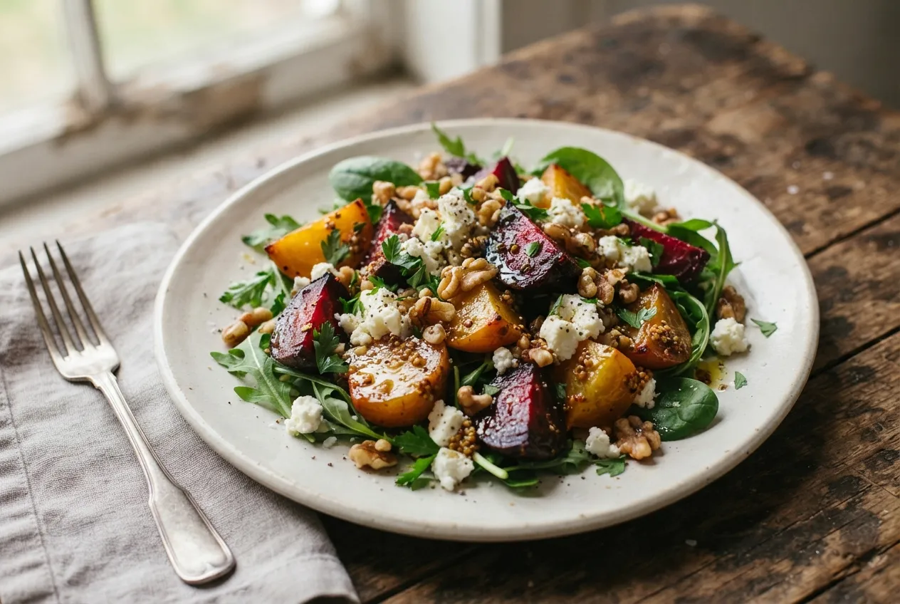 Ensalada de remolacha asada con queso feta y nueces picadas