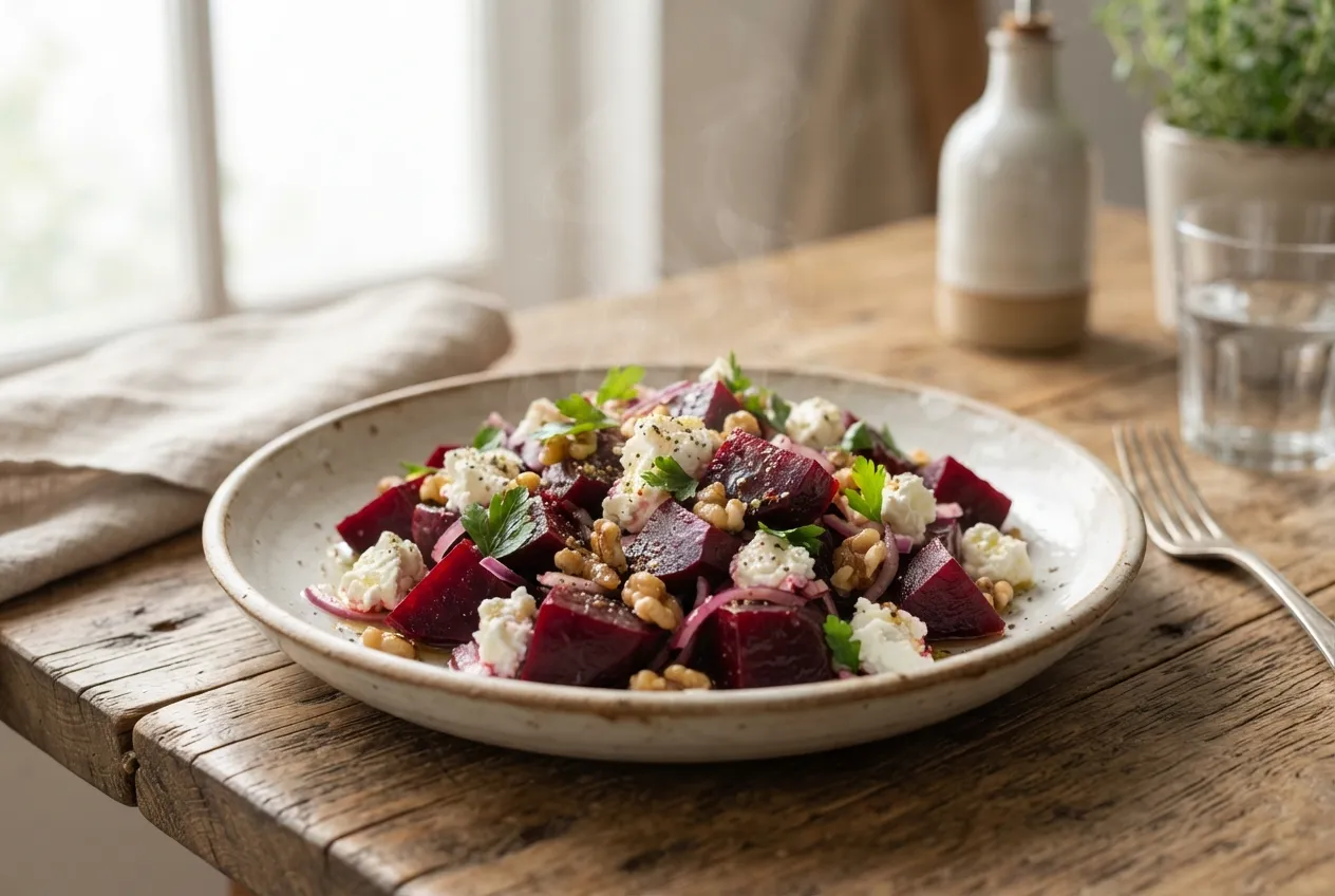 Ensalada de remolacha hervida con queso y nueces picadas