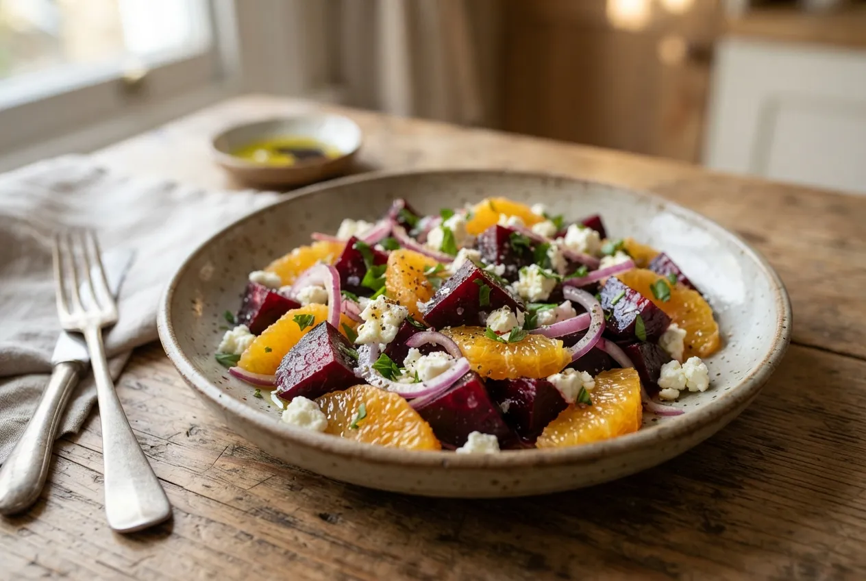 Ensalada de remolacha, naranja y cebolla morada