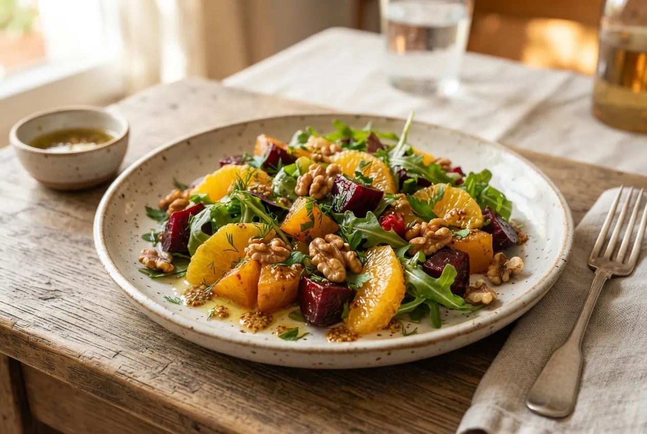 Ensalada de remolacha, naranja y nueces con vinagreta