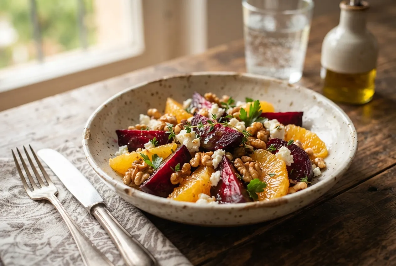 Ensalada de remolacha, naranja y nueces con vinagreta de miel