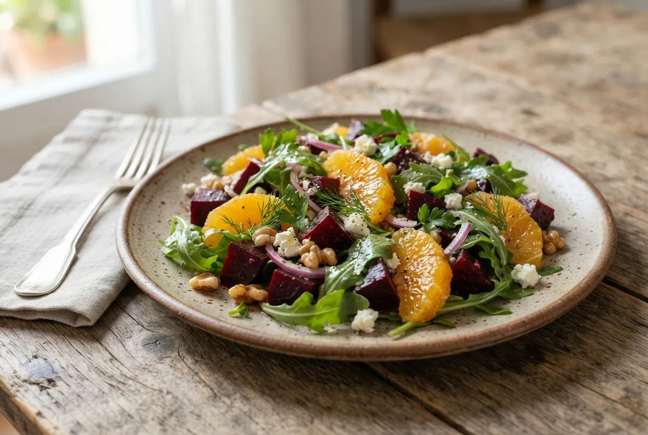 Ensalada de remolacha, naranja y rúcula fresca