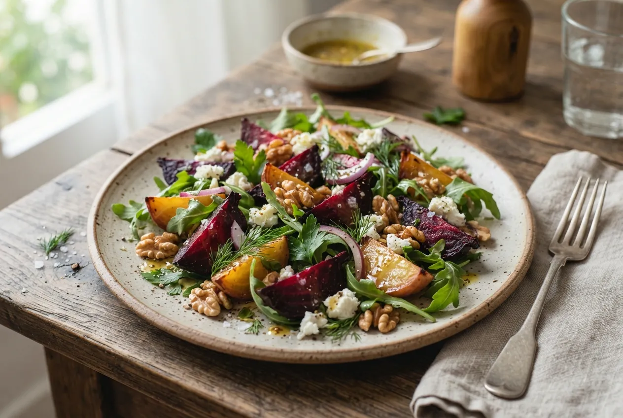 Ensalada de remolacha y rúcula con vinagreta de limón