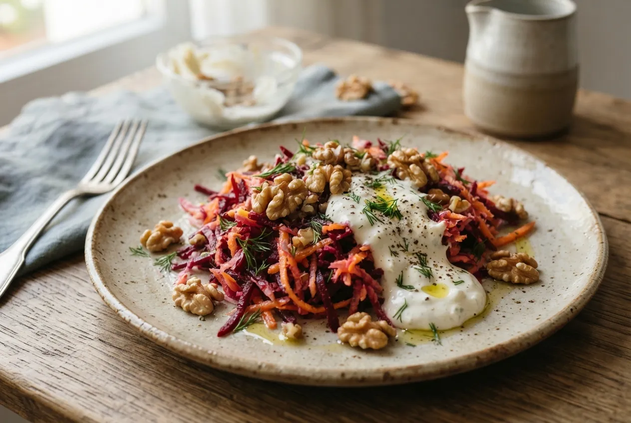 Ensalada de remolacha y zanahoria con crema de queso