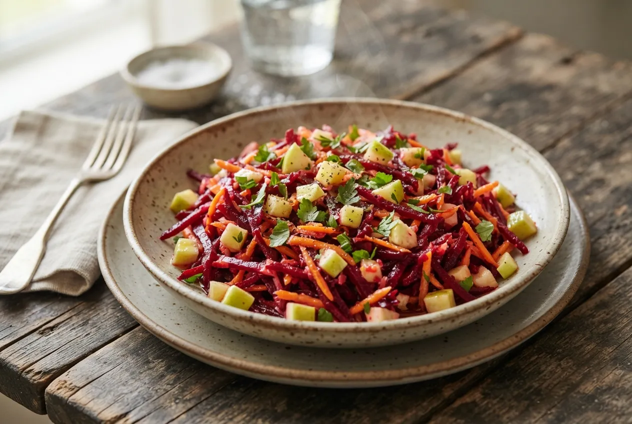 Ensalada de remolacha, zanahoria y manzana para acompañar comidas