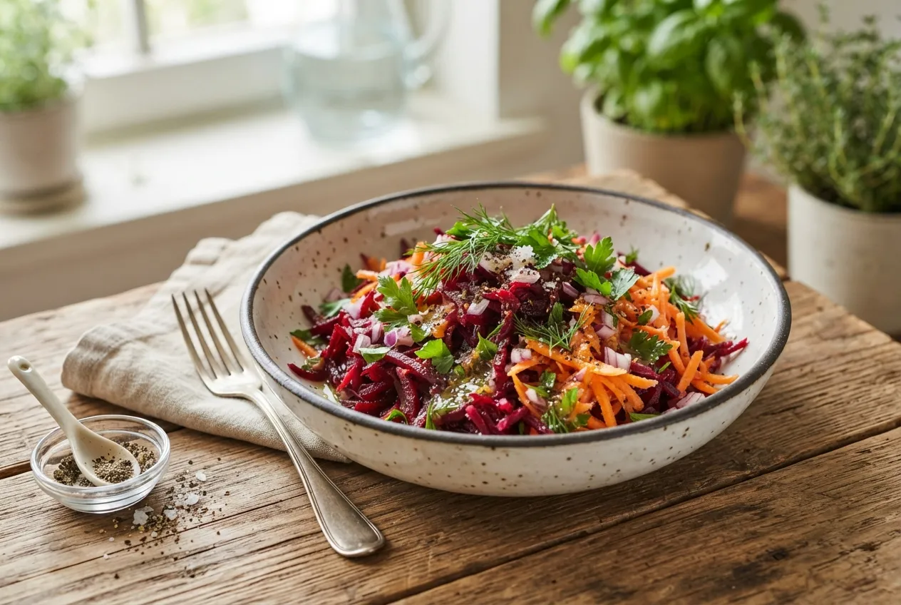 Ensalada de remolacha y zanahoria con vinagreta simple