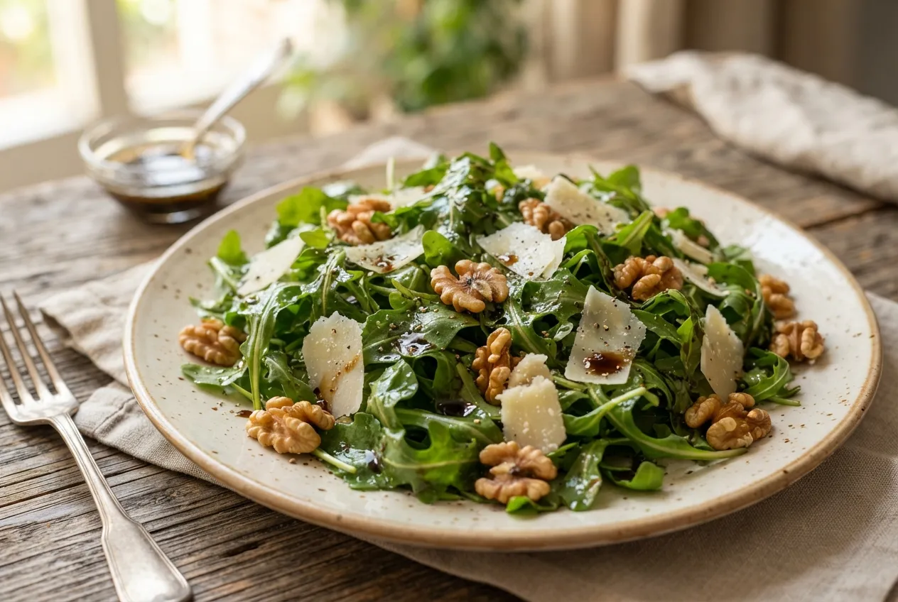 Ensalada de rúcula, parmesano y nueces con aderezo balsámico