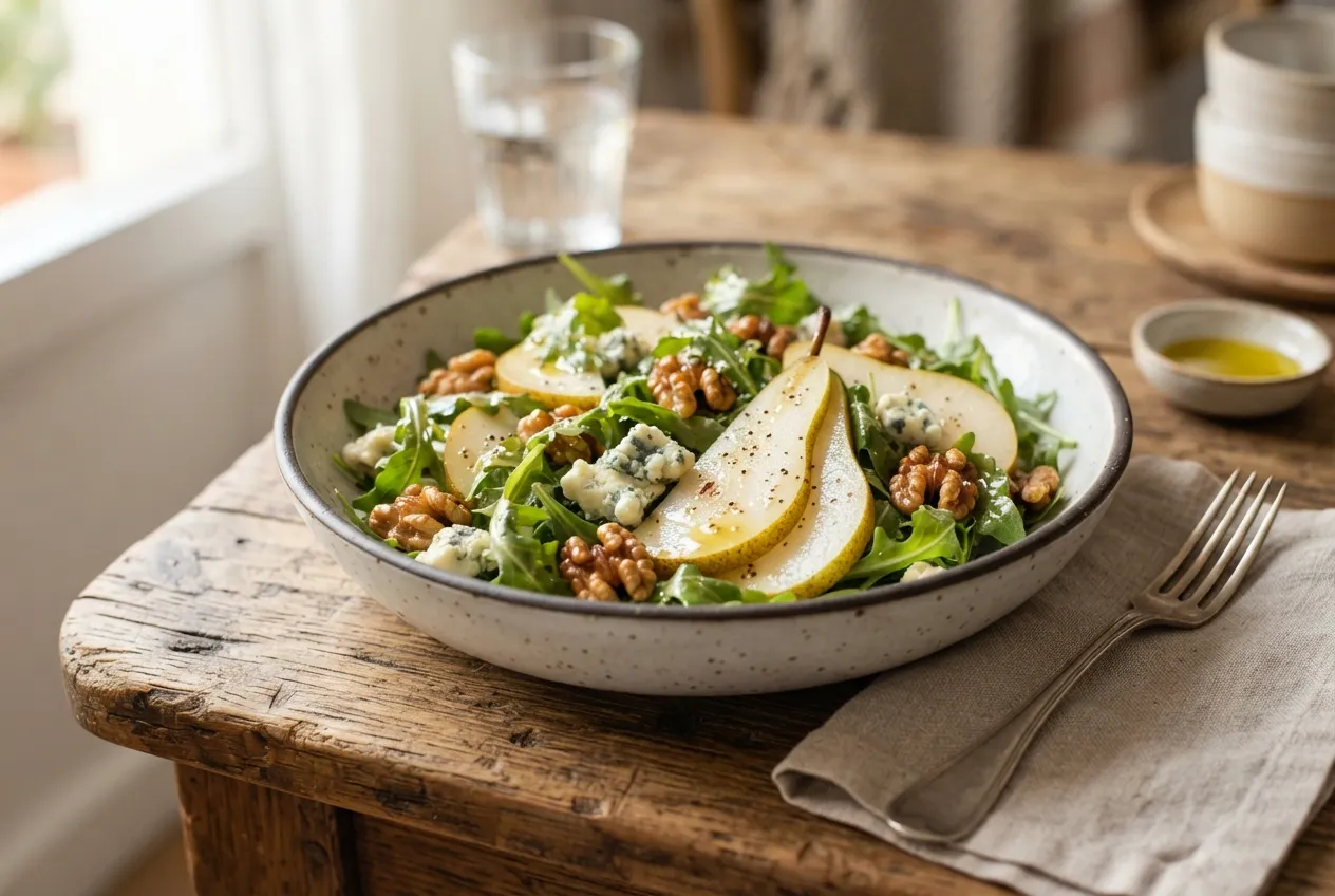 Ensalada de rúcula, pera y queso azul con nueces