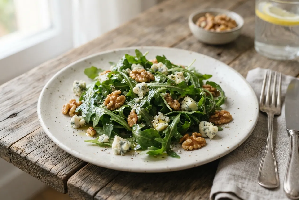 Ensalada de rúcula con queso azul y nueces
