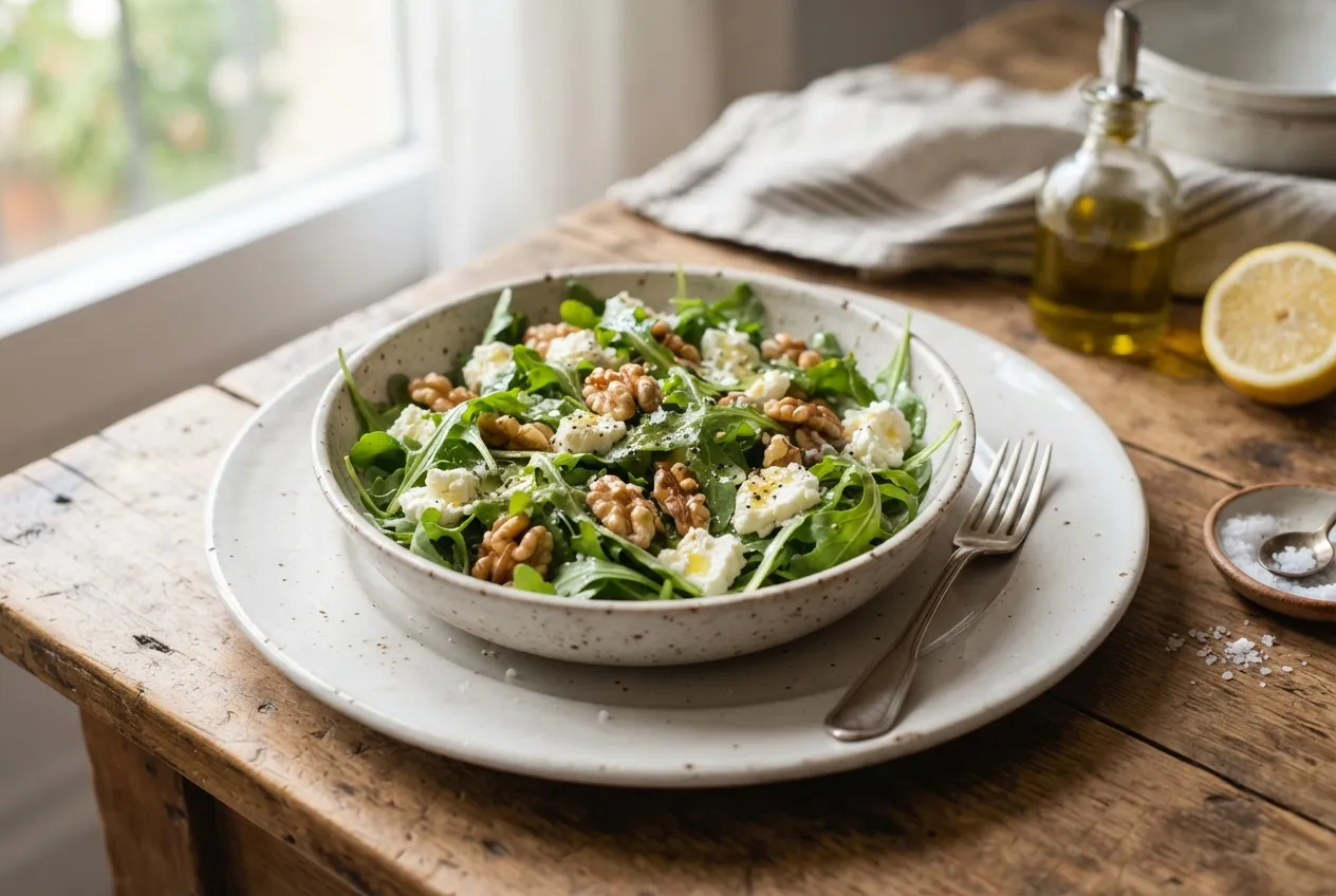 Ensalada de rúcula, queso fresco y nueces con limón