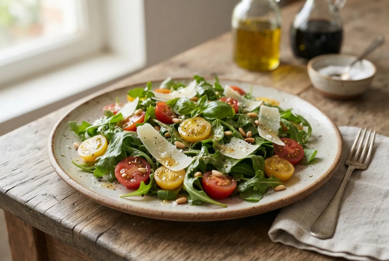 Ensalada de rúcula, tomate cherry y parmesano