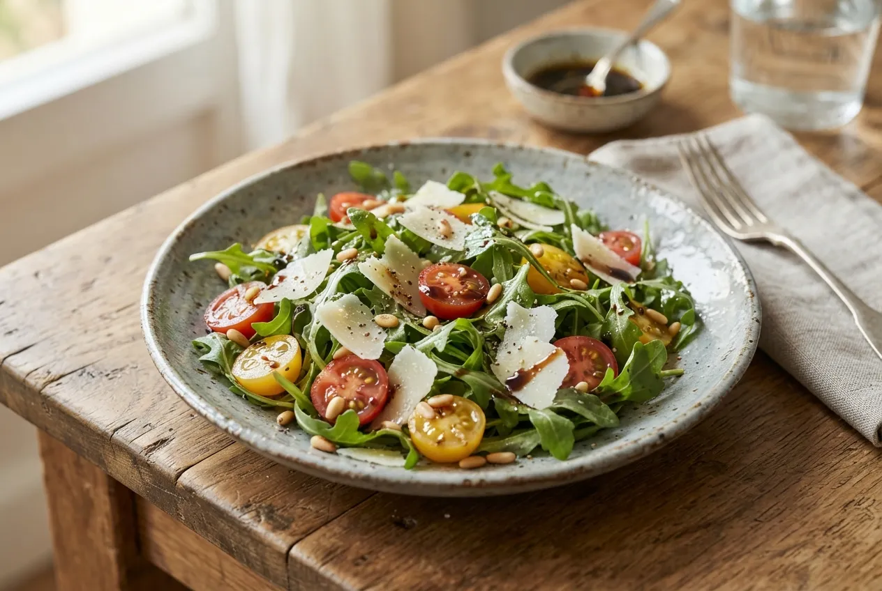 Ensalada de rúcula, tomate y parmesano con vinagreta