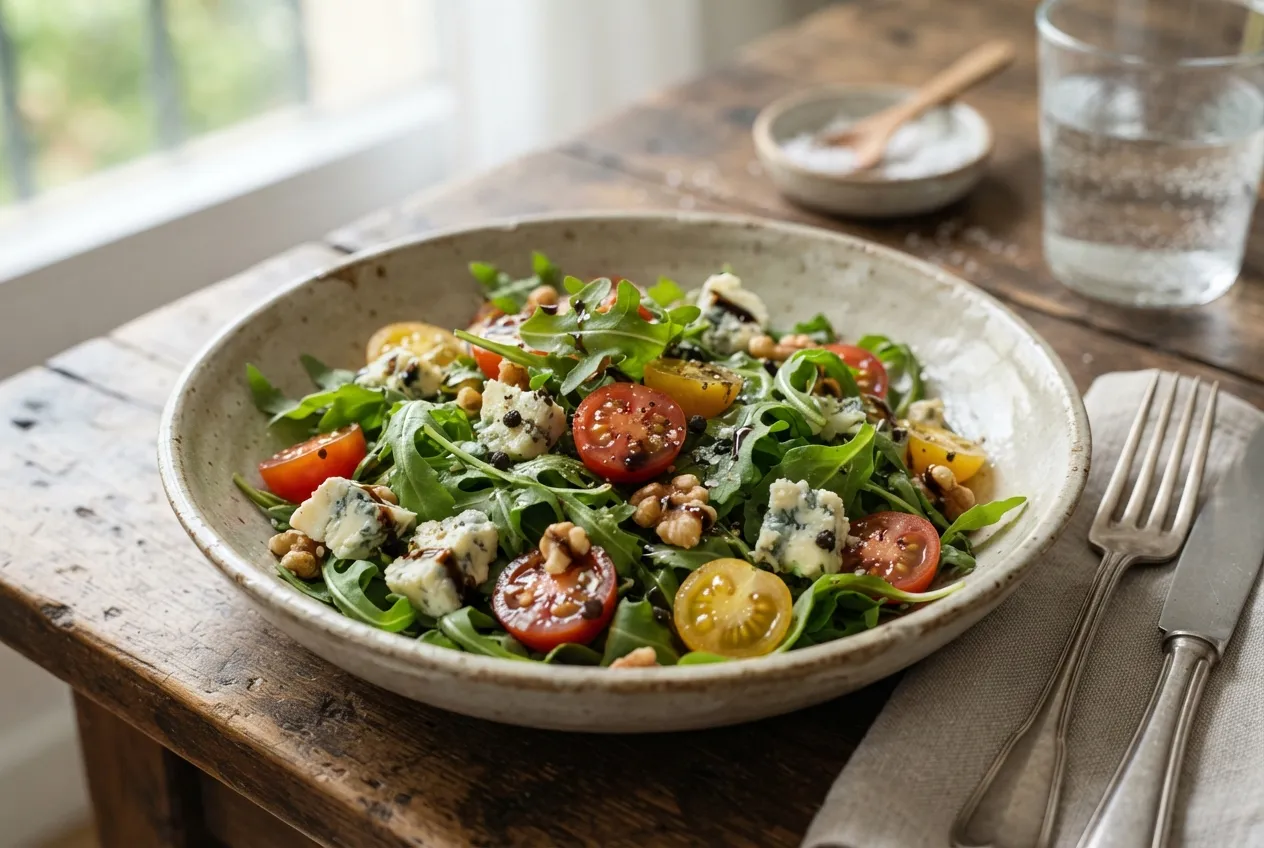 Ensalada de rúcula, tomate y queso azul