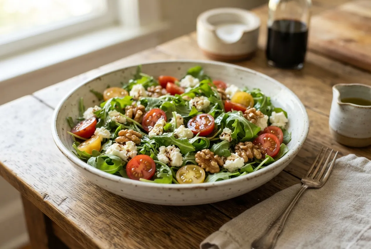 Ensalada de rúcula, tomate, queso y nueces para acompañar carnes