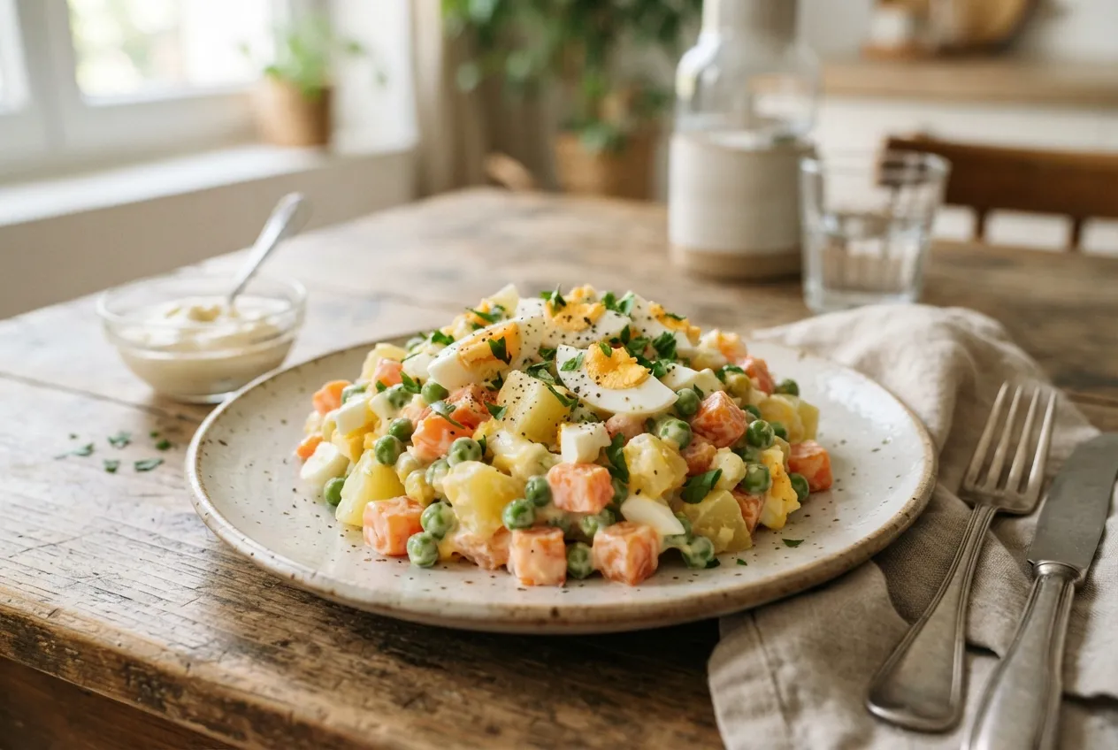 Ensalada rusa con mayonesa casera y huevo duro