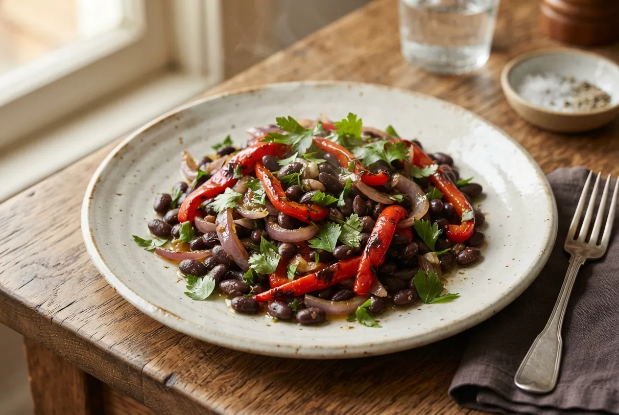 Ensalada templada de porotos negros con cebolla y pimiento
