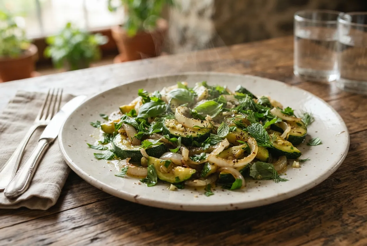 Ensalada templada de zapallitos, cebolla y hierbas frescas