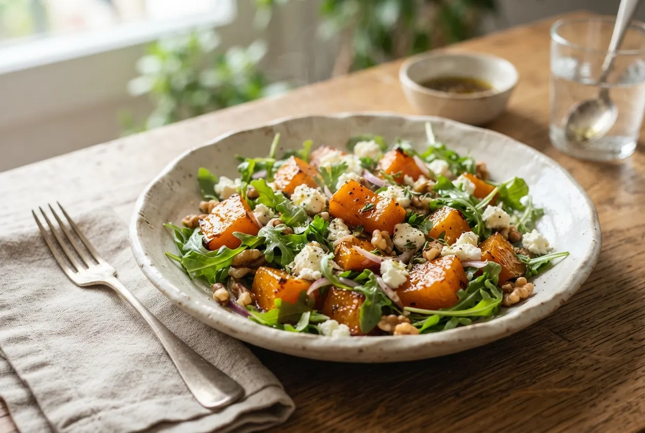 Ensalada templada de zapallo asado con rúcula y queso feta