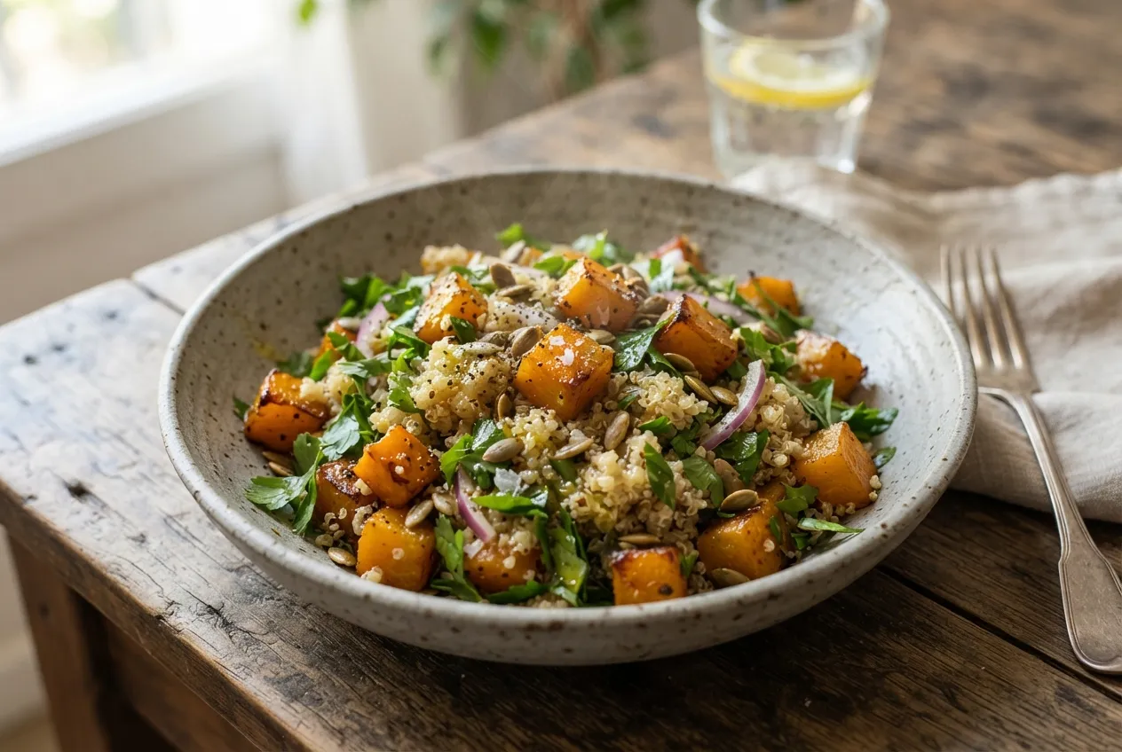 Ensalada templada de zapallo con quinoa y perejil
