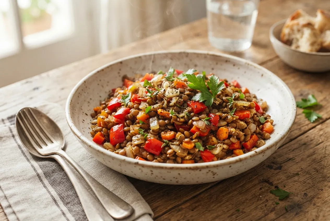 Ensalada tibia de lentejas con zanahoria, morrón y cebolla