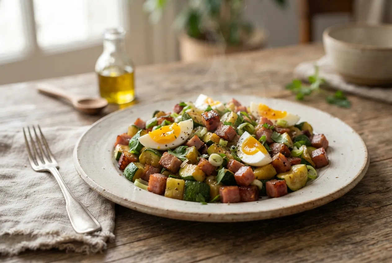 Ensalada tibia de zapallitos, huevo y jamón cocido