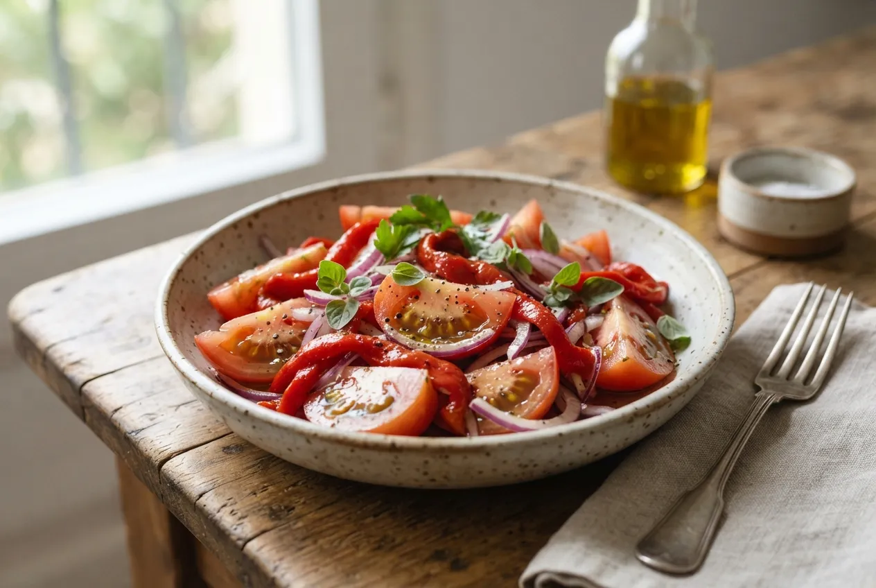 Ensalada de tomate, cebolla y morrón con aceite de oliva