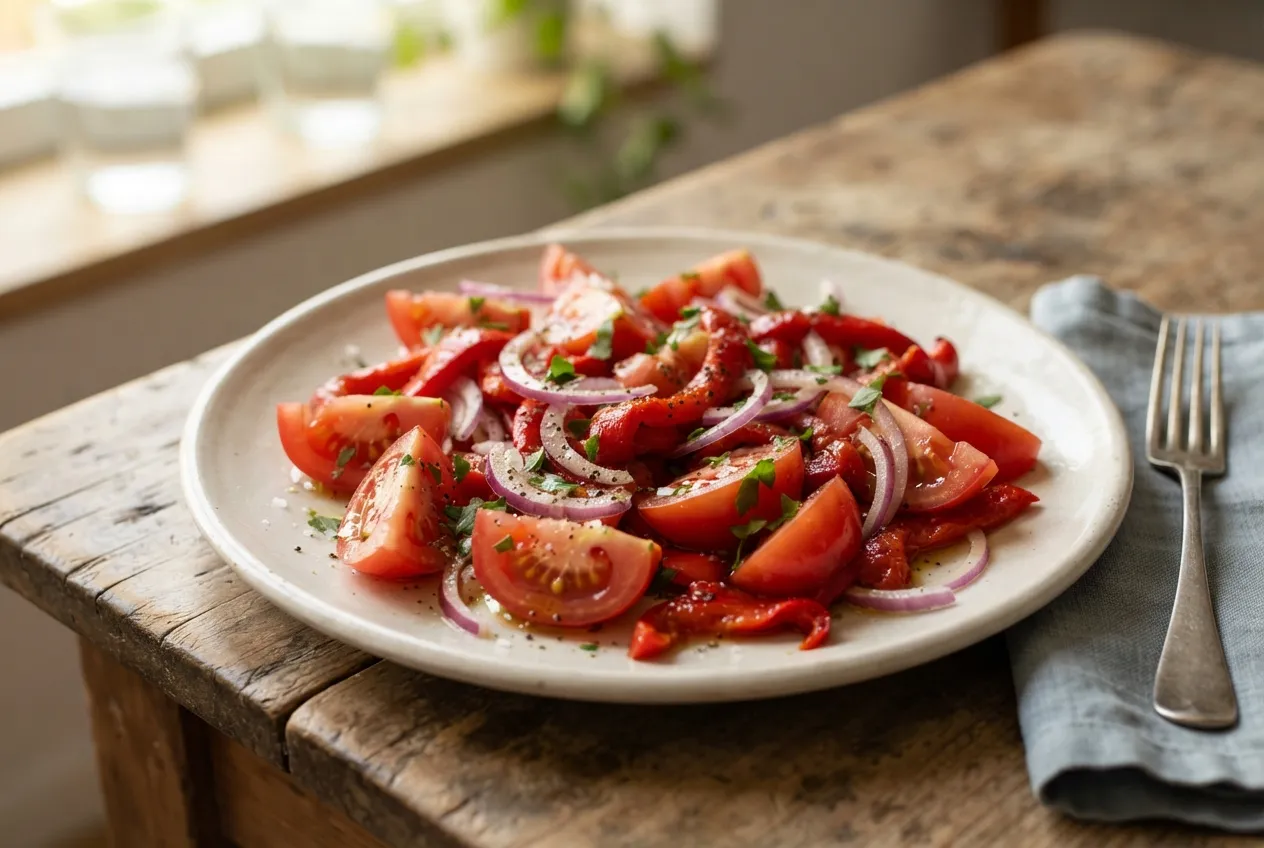 Ensalada de tomate, cebolla y morrón con vinagreta