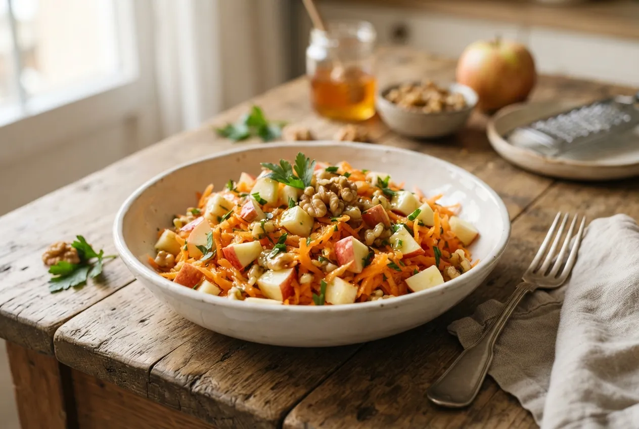 Ensalada de zanahoria rallada, manzana y nueces