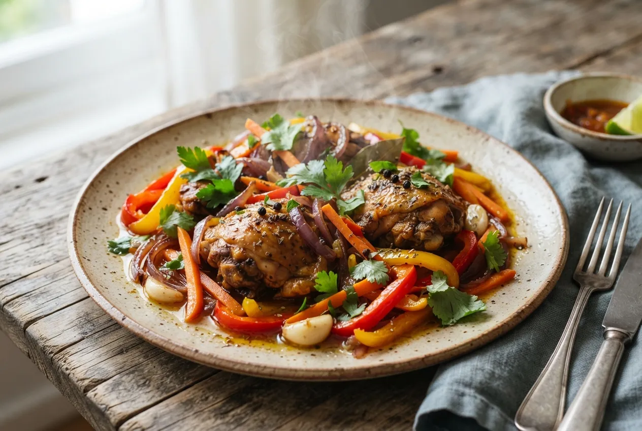 Escabeche de pollo con verduras y especias tradicionales