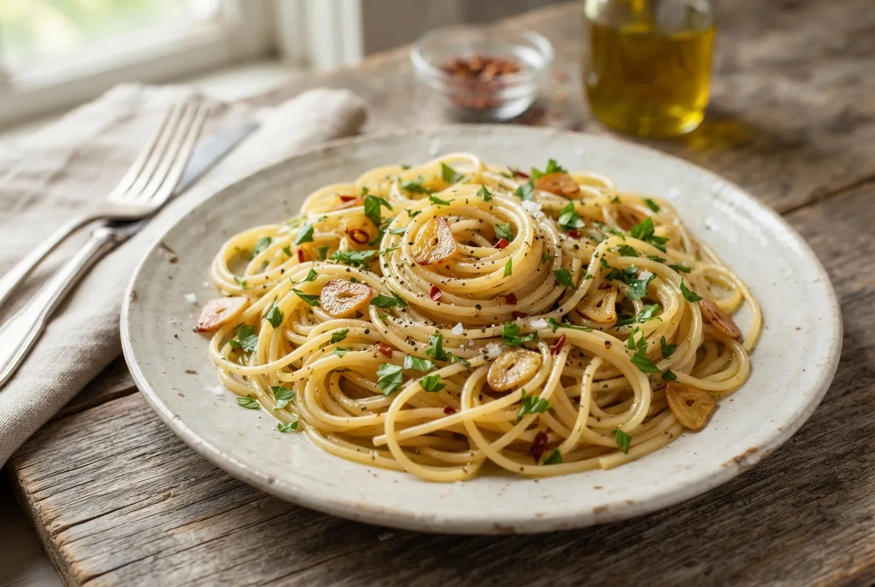 Espaguetis aglio e olio con ajo y aceite de oliva