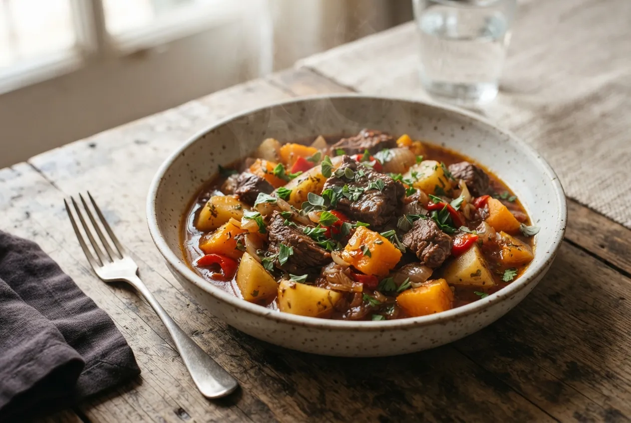 Estofado de carnes mixtas con papas, zapallo y especias